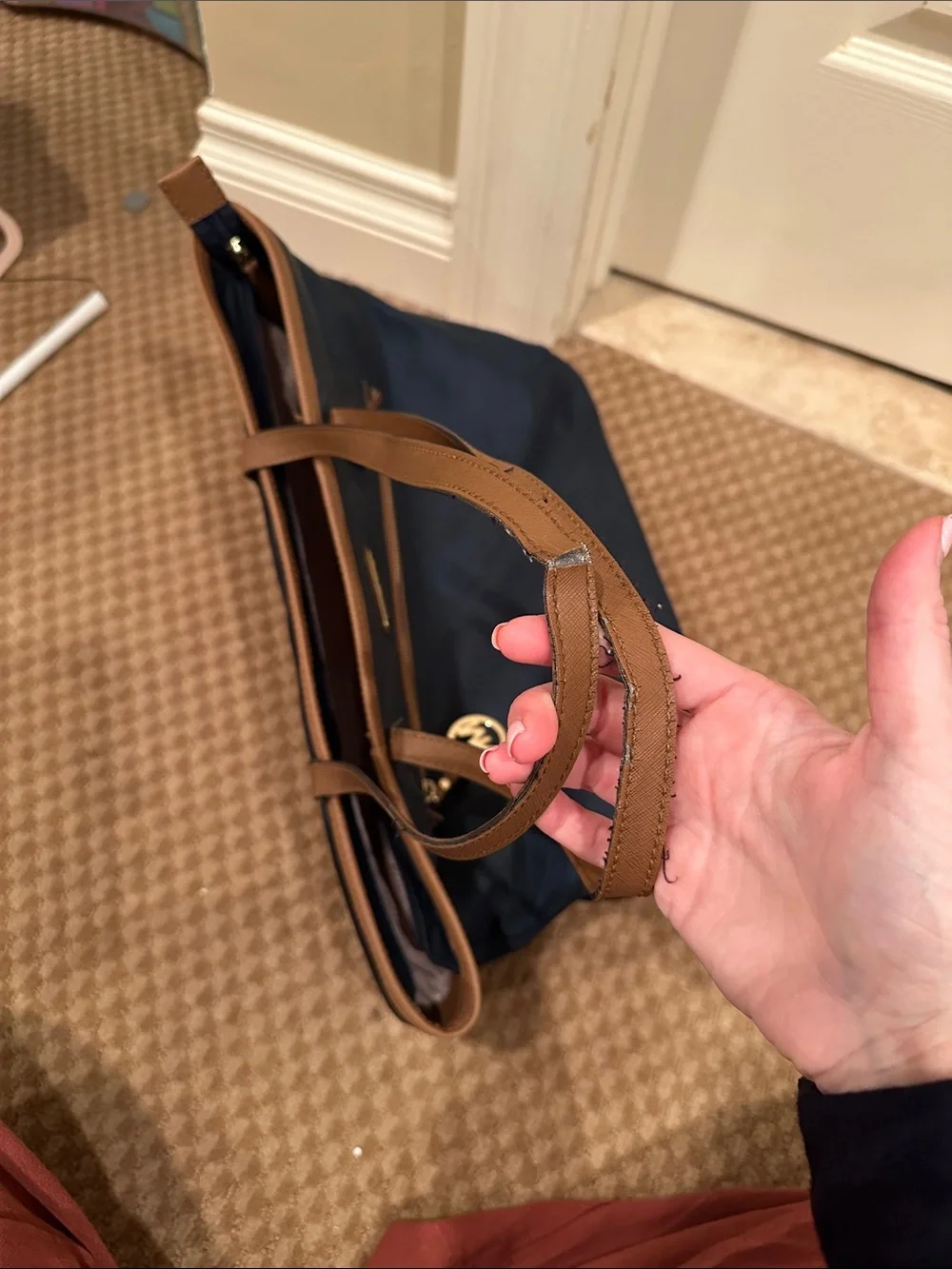 Michael Kors Navy and Brown Leather-Trim Tote